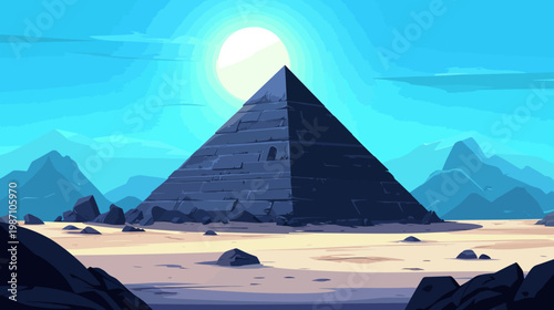 A pixelated pyramid in a desert landscape with mountains, sun, and rocks under a blue sky