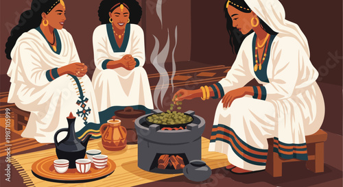 Vibrant illustration of three women performing a traditional East African coffee ceremony, showcasing the cultural ritual of roasting beans and sharing coffee in a home setting