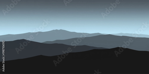 Abstract Majestic Mountainscape: A panoramic view of layered mountains fades into the distance, with varying shades of blue, offering a serene and awe-inspiring vista.