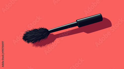 Pixelated illustration of a black mascara brush with a dark shadow on a coral-colored backdrop