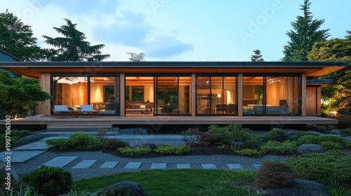 Contemporary Wooden House with Zen Garden at Dusk