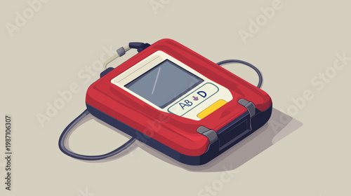 Digital illustration of an Automated External Defibrillator (AED) on a neutral-toned surface