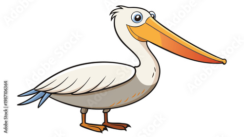 A cartoon illustration of a friendly-looking stork with a large orange beak standing on two legs against a plain white background