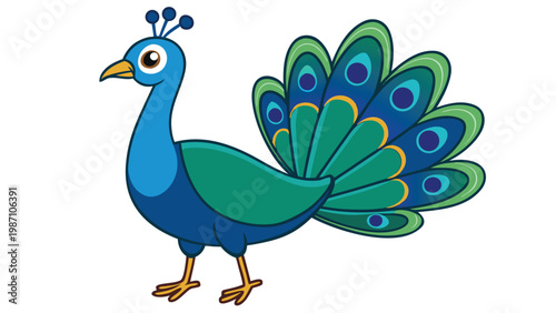 A colorful cartoon peacock with vibrant blue and green feathers displayed in a lively and playful illustration.