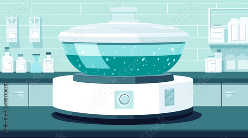 A cartoon illustration of laboratory equipment with chemicals in turquoise and white hues