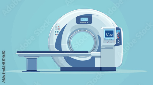 A stylized illustration depicting a medical scanner with a patient table, showcasing medical imaging tech