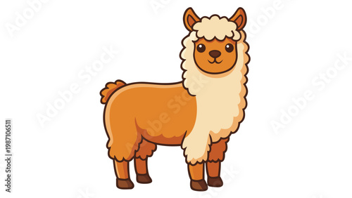 A cute animated llama with brown fur and a fluffy white face standing and smiling in a simple cartoon style against a white background