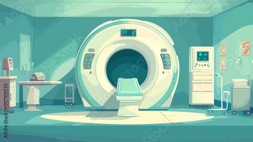 A pixelated medical scene showcases a CT scanner and supporting equipment, bathed in a cool color palette