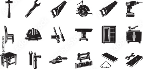 Collection of various carpentry and construction tools icons
