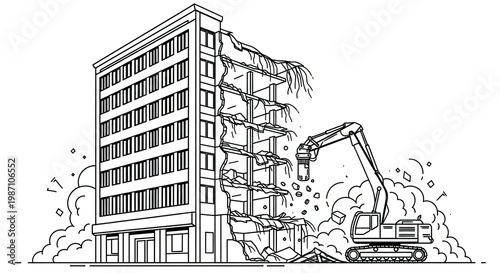 Building demolition with excavator black and white outline illustration