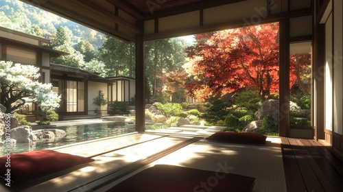 Serene Autumn Garden View from a Japanese Tea House