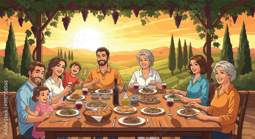 Multi-generational family enjoying a festive outdoor dinner under a vine pergola during a beautiful sunset in a scenic countryside