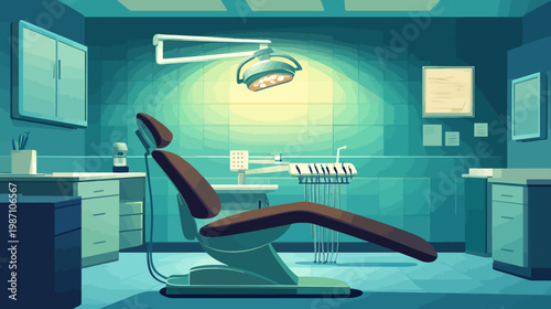 Pixelated artwork depicts an empty dental office, featuring a chair, light, and equipment