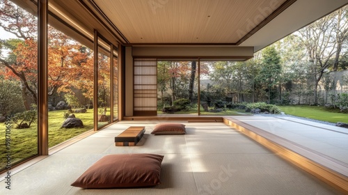 Serene Autumn Garden View from Minimalist Japanese Home