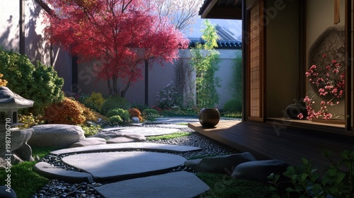 Serene Japanese Garden: Tranquility and Autumnal Hues