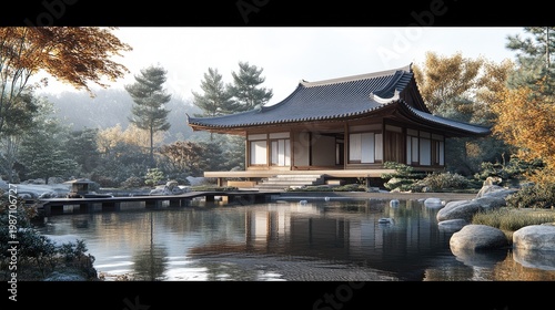 Serene Japanese Garden Pavilion: Autumn Reflections