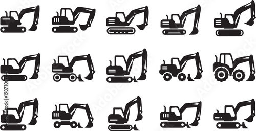 Black excavator and loader icons on white background