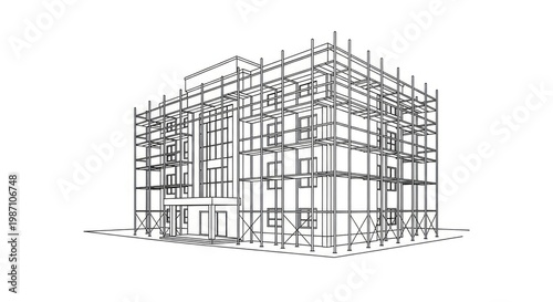 Architectural outline of a building with scaffolding against white background