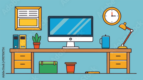 A modern desk setup featuring a computer monitor, a desk lamp, and various office supplies arranged neatly against a blue wall with a clock and framed picture hanging above