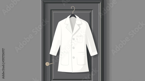 Illustration of a white lab coat hanging on a door, with a gray background