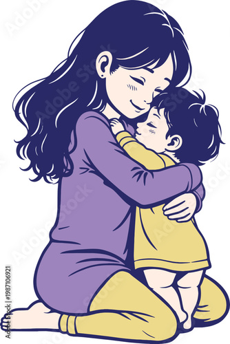Mother Hugging a Small Child Illustration