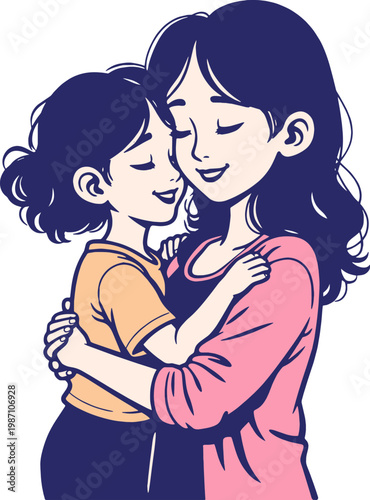 Loving Mother and Daughter Hugging Illustration