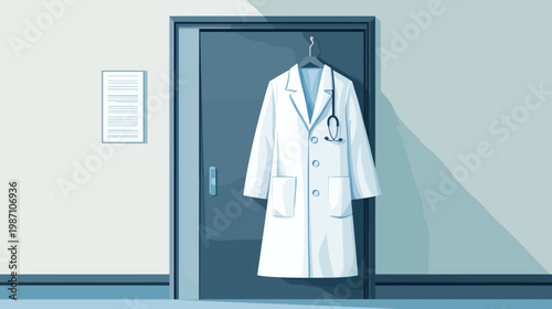A medical coat hangs on a door with a stethoscope, simple and clean, in a minimalist style