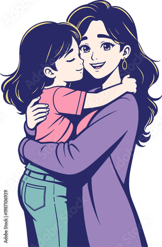 Happy Mother and Daughter Hugging Illustration