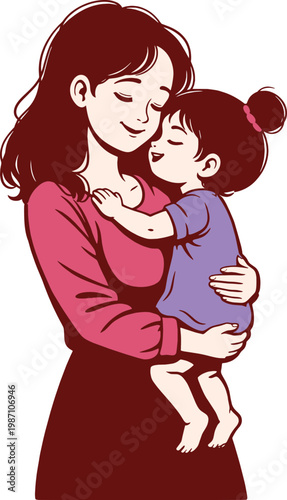 Mother and Young Daughter Hugging Illustration