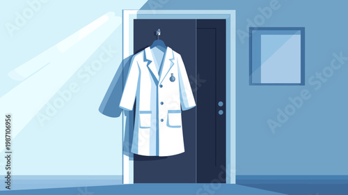 A medical coat hangs on a hook inside a room. Sun rays shine through. Simple, two-tone art