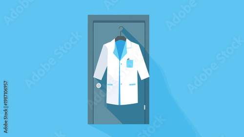 A medical doctor's lab coat is hung on a hanger attached to the door of an examination room
