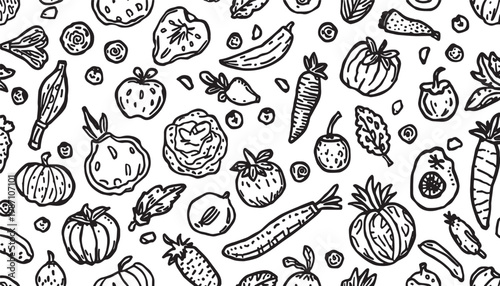 Seamless pattern with various hand drawn organic vegetables and fruits fresh healthy food background texture. Vector Illustration