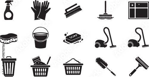 Cleaning Supplies and Tools Icon Set Collection