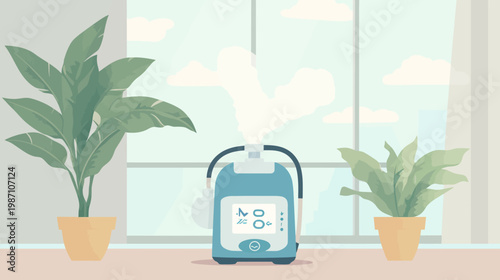 A medical device with steam and plants next to a window with clouds