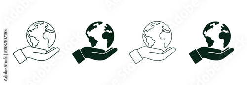 Hand hold planet earth line and silhouette icon set, environmental protection concept, global care ecology support and sustainability symbol design vector illustration.
