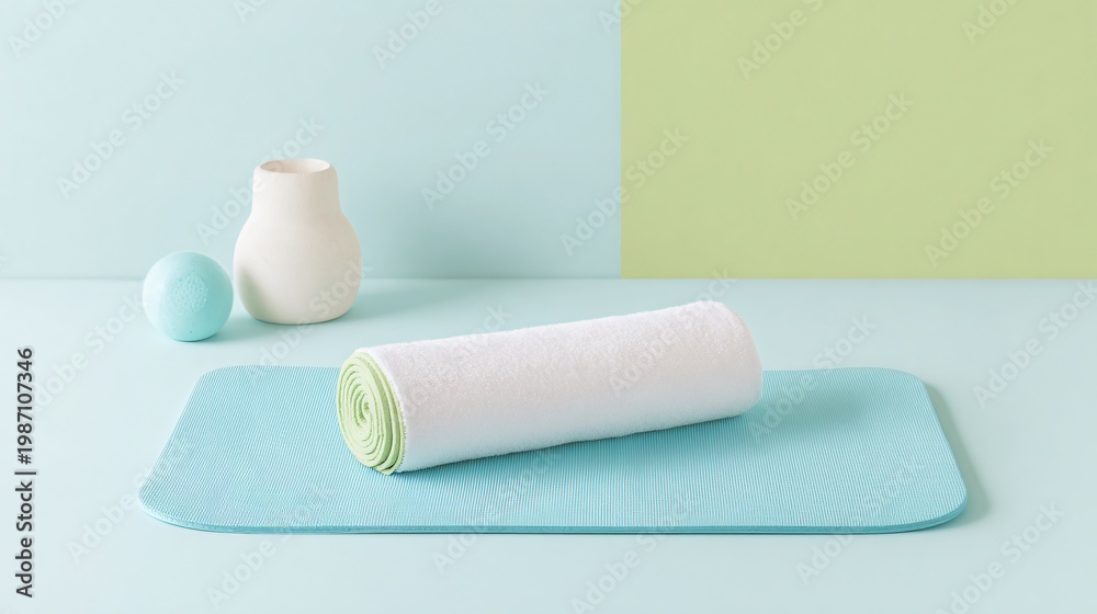 Obraz premium Serene wellness concept with a rolled towel and yoga mat on a pastel blue surface, complemented by a ceramic vase and sphere, evoking tranquility.