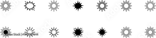 burst and rays outline icons set, sunlight shine radiance starburst symbols collection isolated on transparent background