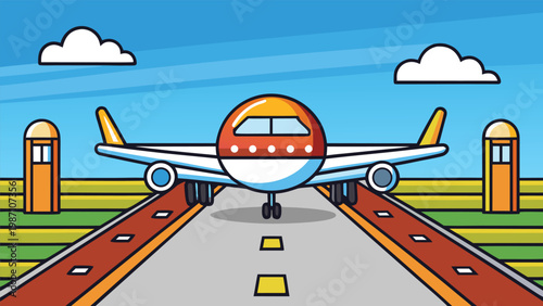 A colorful illustration of an airplane taking off from a runway with a bright blue sky, fluffy clouds, and control towers on either side of the runway in a cartoon style image