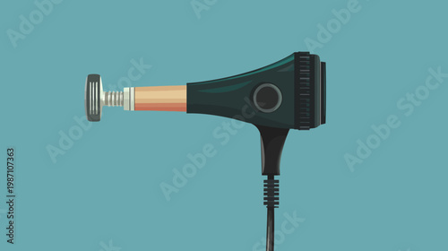 A cartoon hair dryer with an extended barrel, and attached cord. Teal background