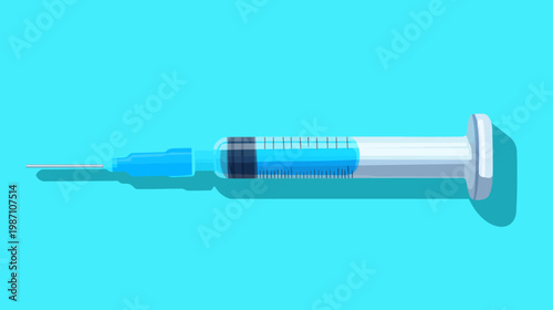 A medical syringe filled with blue liquid lies horizontally against a solid teal background