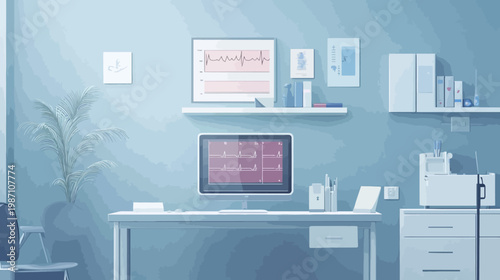 A calm, blue-toned illustration depicting an examination room with medical equipment and a plant