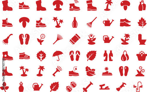 Collection of red icons footwear plants tools and miscellaneous objects