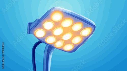 A brightly lit, square lamp with multiple glowing lights, positioned against a blue gradient backdrop