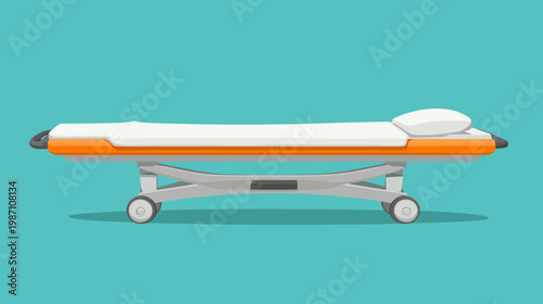 A side view illustration of a hospital gurney with wheels, a mattress, and a pillow