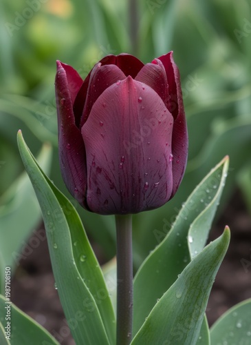 Close-up photograph of a deep red, wet tulip with green leaves in a garden