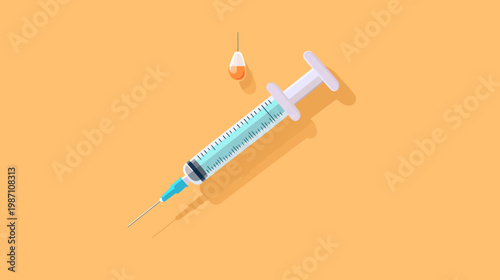 A stylized medical syringe with a hanging capsule on an orange background, suitable for healthcare concepts