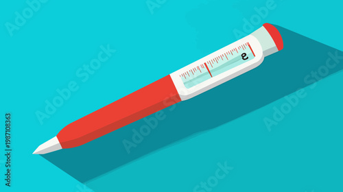 A stylized illustration of a pen with a built-in thermometer, on a teal-colored backdrop