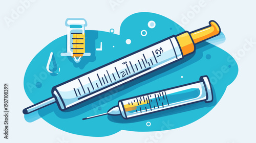 Illustration of two syringes, one with a yellow interior, set over a turquoise backdrop