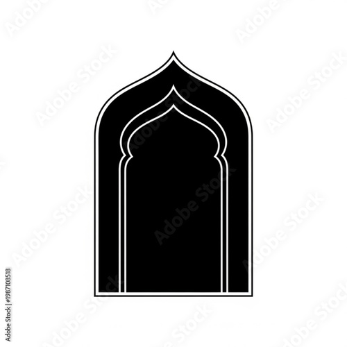 A minimalist black and white vector graphic of an arched Islamic window design