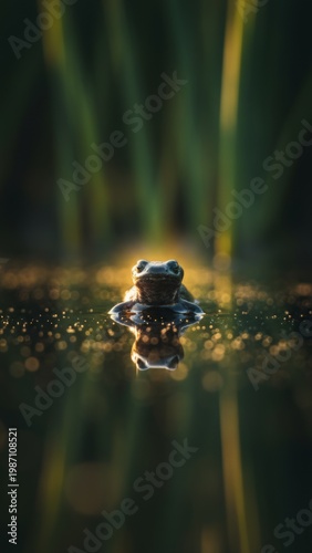 Frog Floating in Golden Pond With Reflective Surface and Soft Bokeh Light at Sunset